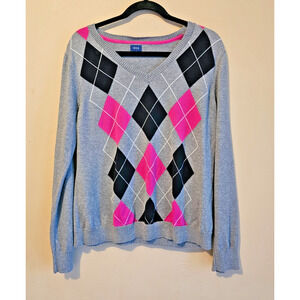 Izod Argyle Sweater Womens Gray , black, pink V Neck Career Preppy Dark Academia
